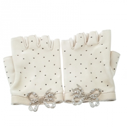 CHANEL Lambskin Perforated Fingerless Chain CC Gloves 7 Beige 1235536