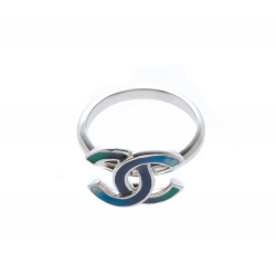 مملوكة مسبقًا Chanel CC Blue Enamel Silver Tone Ring Size 54
