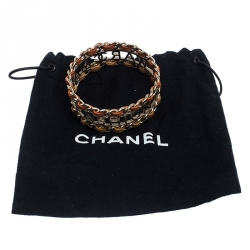 مملوكة مسبقًا Chanel Make Fashion Not War Leather Gold Tone Wide Bangle Bracelet