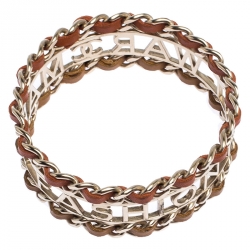 مملوكة مسبقًا Chanel Make Fashion Not War Leather Gold Tone Wide Bangle Bracelet
