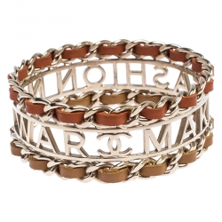 مملوكة مسبقًا Chanel Make Fashion Not War Leather Gold Tone Wide Bangle Bracelet