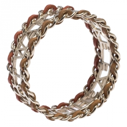 مملوكة مسبقًا Chanel Make Fashion Not War Leather Gold Tone Wide Bangle Bracelet