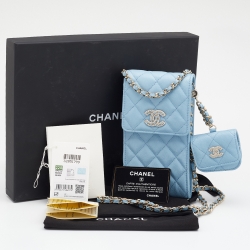 Pre Owned Chanel Light Blue Caviar Quilted Leather Crystal CC Flap Chain Phone Case