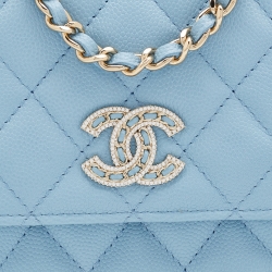 Pre Owned Chanel Light Blue Caviar Quilted Leather Crystal CC Flap Chain Phone Case