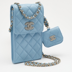 Pre Owned Chanel Light Blue Caviar Quilted Leather Crystal CC Flap Chain Phone Case