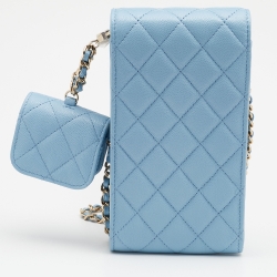 Pre Owned Chanel Light Blue Caviar Quilted Leather Crystal CC Flap Chain Phone Case