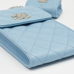 Pre Owned Chanel Light Blue Caviar Quilted Leather Crystal CC Flap Chain Phone Case