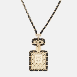 Pre Owned Chanel Gold Tone Leather Interlaced No.5 Perfume Bottle Pendant Necklace
