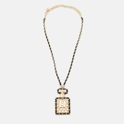 Pre Owned Chanel Gold Tone Leather Interlaced No.5 Perfume Bottle Pendant Necklace