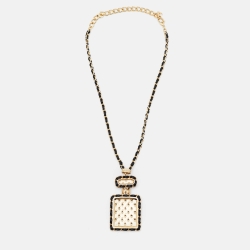 Pre Owned Chanel Gold Tone Leather Interlaced No.5 Perfume Bottle Pendant Necklace