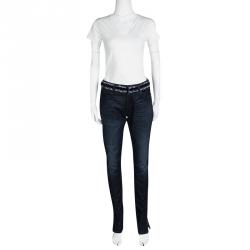 Chanel Indigo Dark Wash Denim Waist Applique Detail Stretch Jeans M