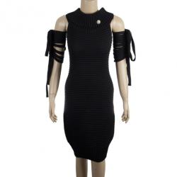 Pre Owned Chanel Black Textured Chevron Wool Dress M