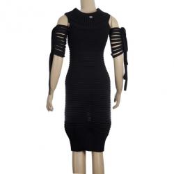 Pre Owned Chanel Black Textured Chevron Wool Dress M
