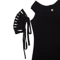 Pre Owned Chanel Black Textured Chevron Wool Dress M