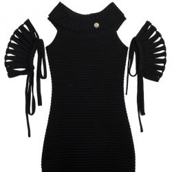 Pre Owned Chanel Black Textured Chevron Wool Dress M
