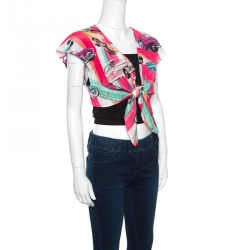 Chanel Multicolor Car Printed Silk Tie Front Cropped Top S