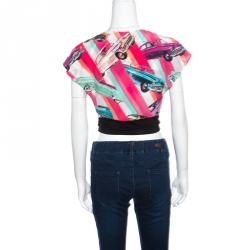 Chanel Multicolor Car Printed Silk Tie Front Cropped Top S