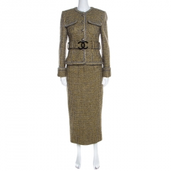 Chanel Yellow and Grey Fantasy Tweed Belted Blazer and Dress Set M Chanel