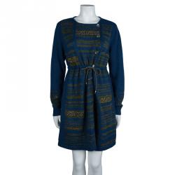 Chanel Blue Striped Cashmere Double Breasted Studded Sweater Dress L