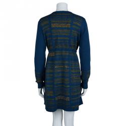 Chanel Blue Striped Cashmere Double Breasted Studded Sweater Dress L