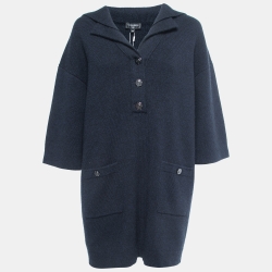 Pre Owned Chanel Navy Blue Cashmere Button Detail Mini Sweater Dress M
