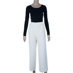 Pre Owned Chanel White Silk Wide-leg Trousers M