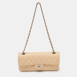 Pre Owned Chanel Beige Quilted Caviar Leather Classic East West Flap Bag
