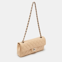 Pre Owned Chanel Beige Quilted Caviar Leather Classic East West Flap Bag