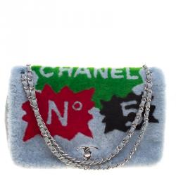 Pre Owned Chanel Multicolor Fur and Leather Maxi No. 5 Comic Shearling Classic Flap Shoulder Bag
