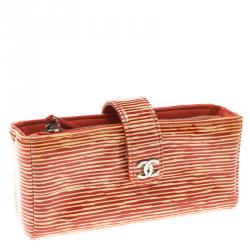 Pre Owned Chanel Red/White Striped Patent Leather Smart Clutch 