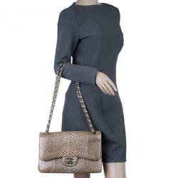 Pre Owned Chanel Gold Python Jumbo Double Flap Bag