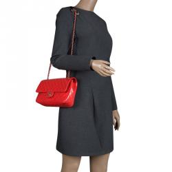 Pre Owned Chanel Neon Red Quilted Patent Leather Medium Limited Edition Valentine Classic Single Flap Bag