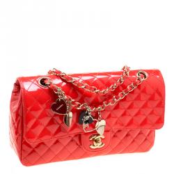 Pre Owned Chanel Neon Red Quilted Patent Leather Medium Limited Edition Valentine Classic Single Flap Bag