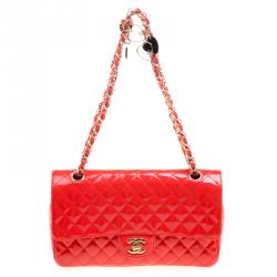 Pre Owned Chanel Neon Red Quilted Patent Leather Medium Limited Edition Valentine Classic Single Flap Bag