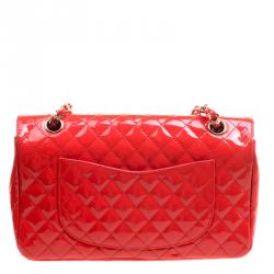 Pre Owned Chanel Neon Red Quilted Patent Leather Medium Limited Edition Valentine Classic Single Flap Bag
