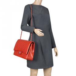 Pre Owned Chanel Red Quilted Leather Maxi Classic Double Flap Bag