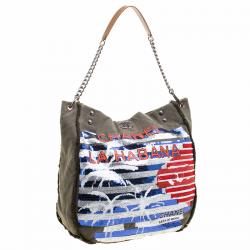 Pre Owned Chanel Fatigue Green Canvas Sequin Cuba La Habana Chain Hobo 