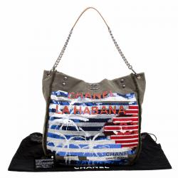 Pre Owned Chanel Fatigue Green Canvas Sequin Cuba La Habana Chain Hobo 