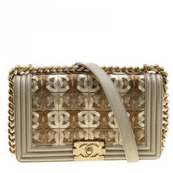 Chanel Biege/Gold CC Cutout Leather Medium Boy Flap Bag