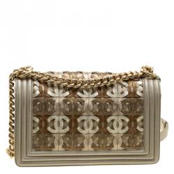 Pre Owned Chanel Biege/Gold CC Cutout Leather Medium Boy Flap Bag