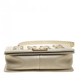 Pre Owned Chanel Biege/Gold CC Cutout Leather Medium Boy Flap Bag