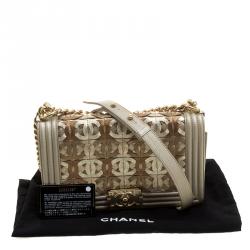Pre Owned Chanel Biege/Gold CC Cutout Leather Medium Boy Flap Bag