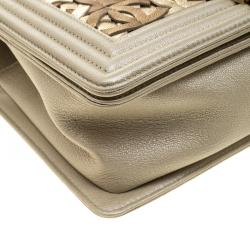 Pre Owned Chanel Biege/Gold CC Cutout Leather Medium Boy Flap Bag