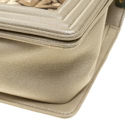 Pre Owned Chanel Biege/Gold CC Cutout Leather Medium Boy Flap Bag