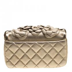Pre Owned Chanel Gold Camellia Quilted Leather Mini Classic Flap Bag