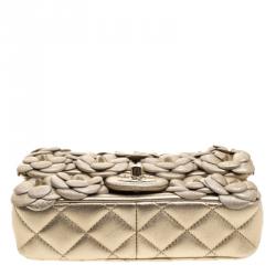 Pre Owned Chanel Gold Camellia Quilted Leather Mini Classic Flap Bag