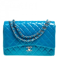CHANEL Patent Calfskin Quilted Medium Double Flap Turquoise 1280756