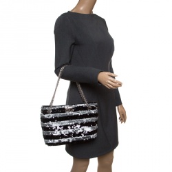 Chanel Black/Grey Striped Sequins Small Reissue Tote