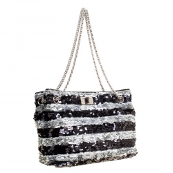 Chanel Black/Grey Striped Sequins Small Reissue Tote