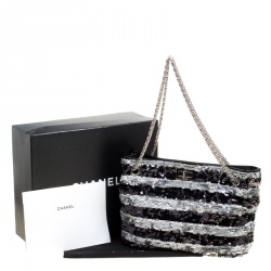 Chanel Black/Grey Striped Sequins Small Reissue Tote